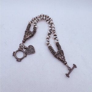 Vintage Retro 2 Strand Pearl Bracelet Toggle Antiqued Silvertone Heart Dangle 7”